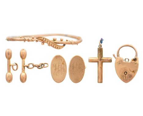 A selection of 9ct rose gold jewels. Including a hollow bangle, a padlock clasp, pair of cufflinks and a cross pendant, 14.2g