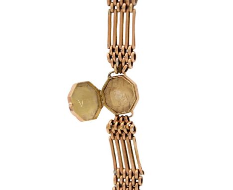 A 9ct rose gold five-bar gate link bracelet with locket. Unmarked but tested as 9ct, length 17cm, 15.2g. Soldered repairs.