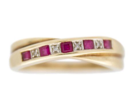 A 9ct yellow gold ruby and diamond crossover half eternity ring The ring has five square cut rubies and four round cut diamon