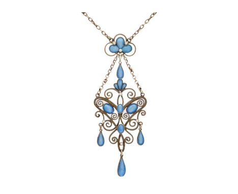 Marius Hammer - A Norwegian silver and enamel sølje pendant necklace. Stamped 930S, length of pendant 82mm, length of necklac