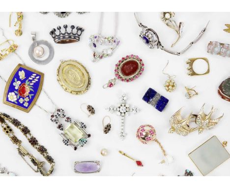 A collection of costume jewellery. To include an opal and marcazite set silver bracelet, a contemporary gem set silver pendan