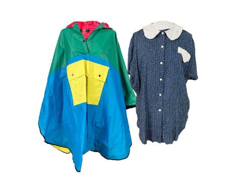 MARY QUANT - A poncho and a printed blouse. The poncho in blue, green, red and yellow PVC; the blouse size 16.