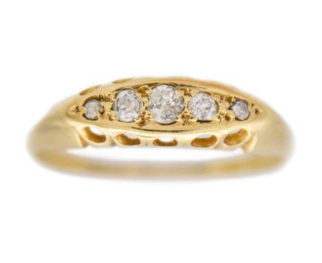 A 18k diamond five stone ring The boat shape design ring has an old mine round cut diamonds, the principal stone is 0.06ct ap