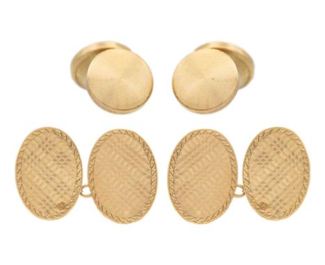 A pair of 9ct hallmarked gold engine-turned oval cufflinks. Weight 3.6g; together with a pair of gold faced expanding cufflin
