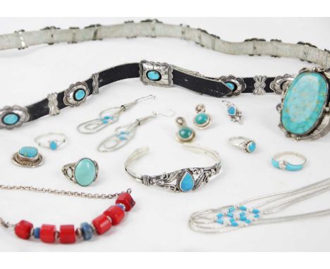 A selection of silver native American stone set jewellery. Mostly turquoise set, to include a belt, length 82cm, a bangle wit