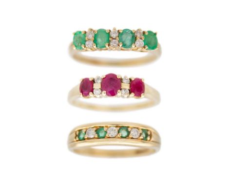 A group of three 9ct diamond and gem set rings. To include a ruby and diamond set ring, size M 1/2, an emerald and diamond se