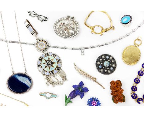 A collection of costume jewellery. To include a Sporrong &amp; Co Stockhold gilt metal and enamel bracelet, two Art Deco silv