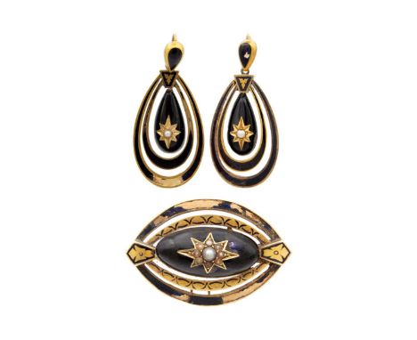 A Victorian high-purity gold (tests 14ct) black enamel and pearl set brooch and earring set. The brooch of elliptical shape, 