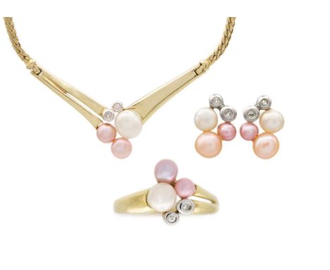 A 9ct hallmarked gold diamond and cultured white and pink pearl set demi-parure. To include a pendant necklace, set with two 