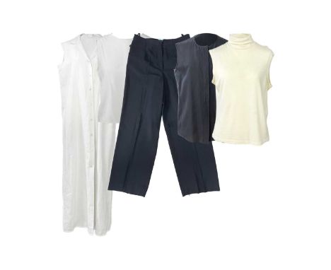 A collection of Hermès silk, wool and linen clothing. A Hermès wool and silk trouser suit with zip front sleeveless top and t