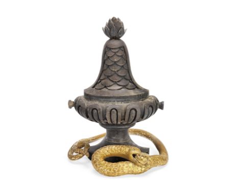 A 19th century carved wood and gilt gesso model of a serpentTogether with a carved and stained wood urn half finial. 43cm wid