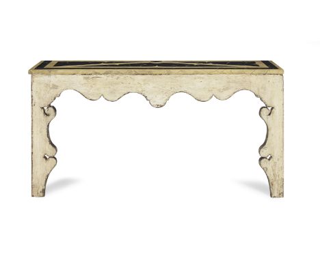 A painted console tableWith a simulated specimen marble top above an undulating frieze and shaped front supports, 151cm wide 