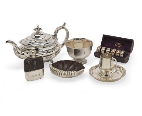 A George IV silver tea potTogether with a small collection of silver and plated items comprising a set of six cased napkin ri