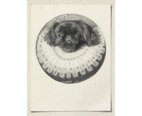 Michael Leonard (British, born 1933)Zephyr the Pekingese in a ruff signed and dated 'ML + AD 1985 +' (upper centre) and inscr