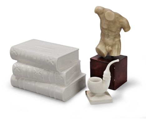 A late 19th / early 20th century Italian carved alabaster model of a torso after the antiqueOn a painted cube base. Together 