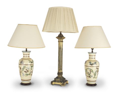 A late 19th century gilt metal column table lamp in the neoclassical taste, later fitted for electricity with a plated cream 