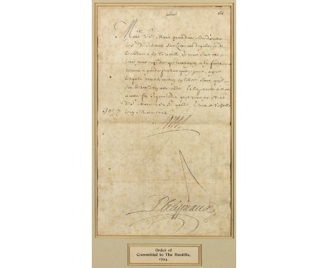 ROYALTY - FRANCELOUIS XIV. Document signed ('Louis'), being an order issued to Monsieur de St. Mars requiring him to commit s