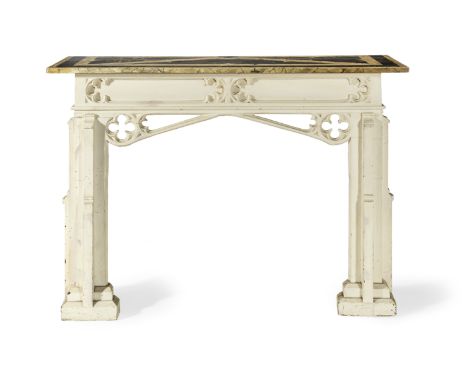 A 19th century Gothic revival painted console tableThe painted simulated specimen marble top above a moulded frieze and pierc
