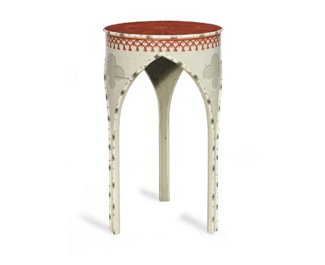 A painted occasional or lamp tableThe circular top above a painted rope-tied frieze above painted quatrefoils on simulated ba