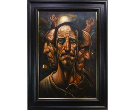 * PETER HOWSON OBE (SCOTTISH b 1958), THREE AGES oil on canvas, signed 91cm x 62cm Framed and under glass. Note: Certainly on