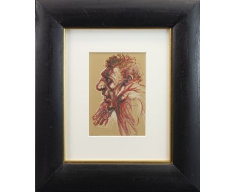 * PETER HOWSON OBE (SCOTTISH b 1958), RED mixed media on paper, signed and titled 21cm x 14cm Mounted, framed and under glass