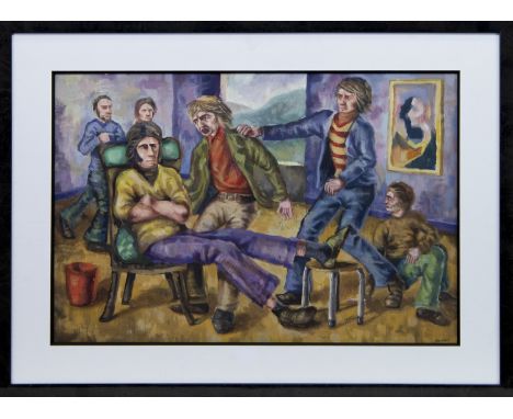 * PETER HOWSON OBE (SCOTTISH b 1958), FAMILY REUNION oil on board, signed 38cm x 57cm Mounted, framed and under glass.