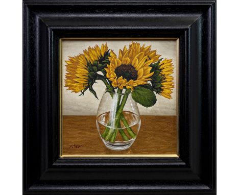 * GRAHAM H D MCKEAN, SUNFLOWERS IN A GLASS VASE oil on canvas, signed, further titled and signed verso 28.5cm x 28.5cm Framed