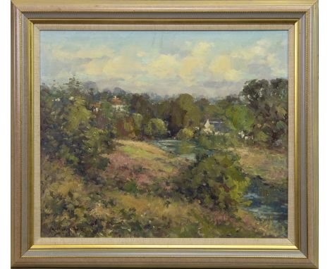 * J D HENDERSON, VIEW AT WATERFOOT oil on canvas, signed 50cm x 60cm Framed. Label verso: T &amp; R Annan &amp; Sons Ltd, Gla