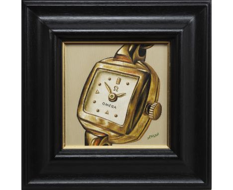 GRAHAM H D MCKEAN, STUDY OF A GOLD OMEGA WATCH oil on canvas, signed, further signed and titled verso 25cm x 25cm Framed.