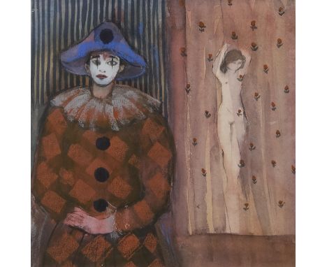 * MARYSIA DONALDSON (1930 - 2018), PIERROT AND NUDE watercolour on paper, signed 25cm x 25cm Mounted, framed and under glass.