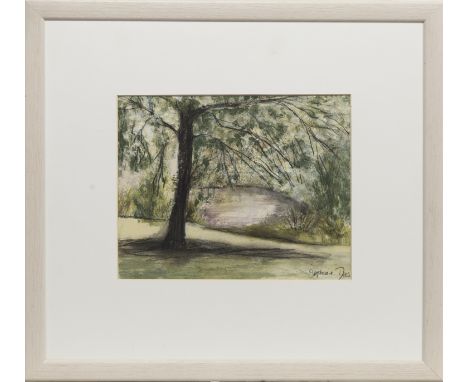 * STEPHANIE DEES RSW, TREES AND RIVER mixed media on paper, signed 20cm x 24cm Mounted, framed and under glass. Label verso: 