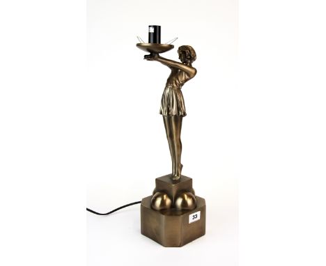 An Art Deco style bronze finished figural table lamp, H. 49cm.