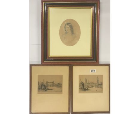 A pair of pencil signed engravings of London by C. Martyn, together with a framed Victorian print of a girl, largest frame si