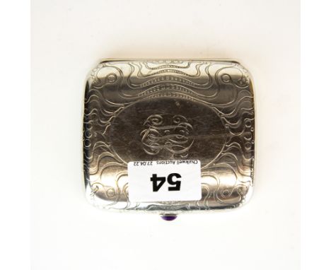 A heavy Tiffany &amp; Co gilt lined silver cigarette case with amethyst set button and Art Nouveau moulded design, c. 1900, 8