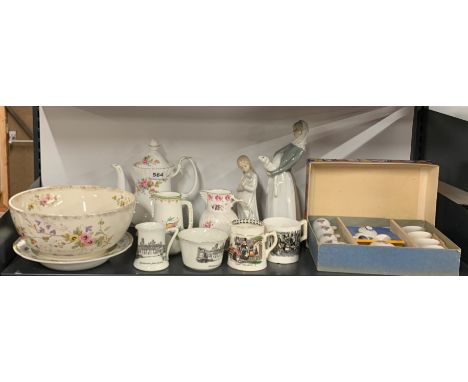 A boxed vintage child's porcelain tea set, two Nao porcelain figures and other porcelain items.