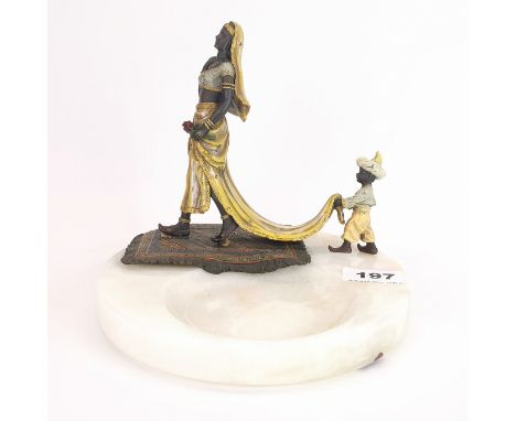 An Austrian cold painted bronze figure of a Nubian princess standing on a carpet mounted on an onyx base, H. 90cm, dia. 20cm.