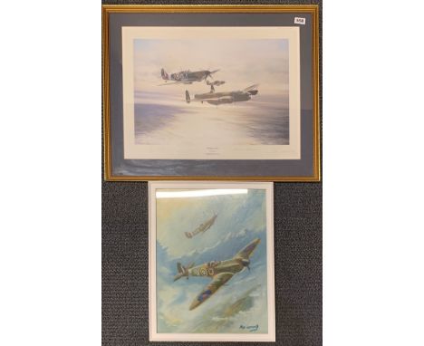 A framed oil on canvas mounted on board of WWII fighter aeroplanes by Alex Leonard, together with a framed print 'memorial fl