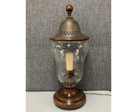A large wood, brass and glass storm lantern table lamp, H. 79cm.