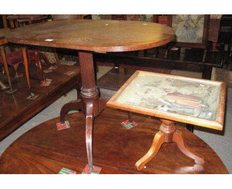 Reproduction mahogany oval tripod table together with framed tapestry on tripod legs.  (2)