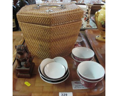 Tray of modern Oriental items to include pair of Dogs of Fo tea bowls; teapot set in fitted wicker case etc. CONDITION REPORT