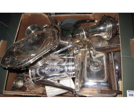 Tray of assorted metalware to include: silver plated cigarette box; entree dish and cover; silver plated teapot; pierced cake