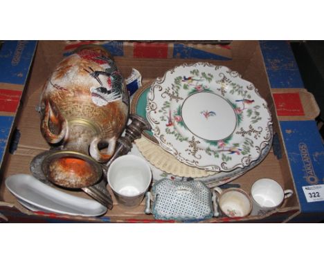 Tray of assorted china to include: pair of Royal Worcester cabinet plates decorated with birds and butterflies amongst foliag