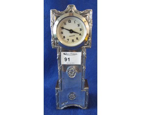 Miniature, silver mounted, 'Mercedes' mantel clock in the form of a miniature long case clock, German back winding movement, 