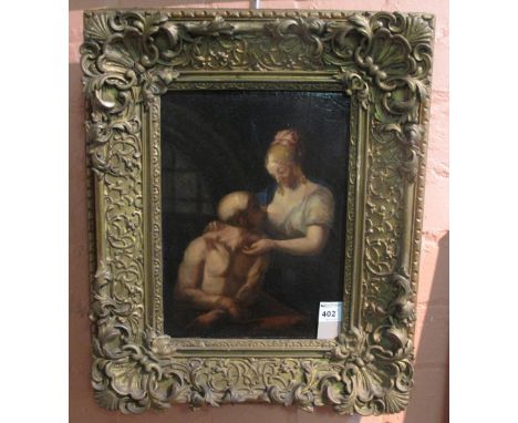 British School, (18th Century), woman with prisoner in cell, oils on oak panel, period rococo gilt frame. CONDITION REPORT: D