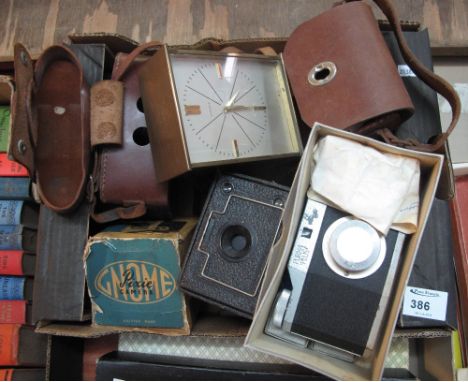 Tray of assorted cameras and equipment to include: Perma Plus; Gnome Pixi Camera; Box Brownie, together with a Garrard Swiss 
