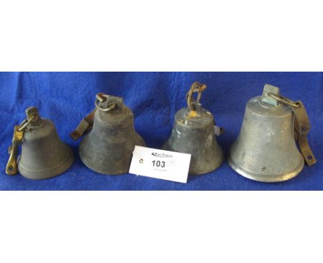 Graduated set of four brass bells with wall bracket.  (4)