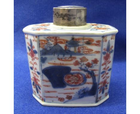 18th Century Chinese porcelain tea caddy with white metal cover, overall decorated in Imari tones with foliate and scenic des