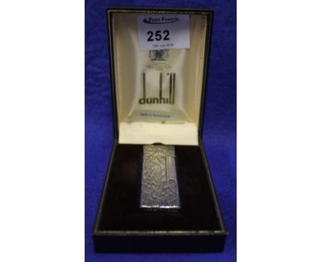Boxed Dunhill, bark effect, lighter, patented: USRE24163, in box.