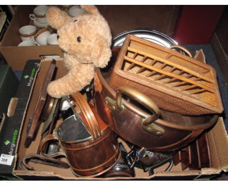 Tray of assorted items to include: silver plated tea service; large vintage copper two handled pan; copper watering can; tedd