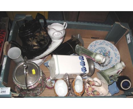 Tray of assorted china to include: Crown Ducal ware floral biscuit barrel; Victorian black ground teapot on stand; Wedgwood b